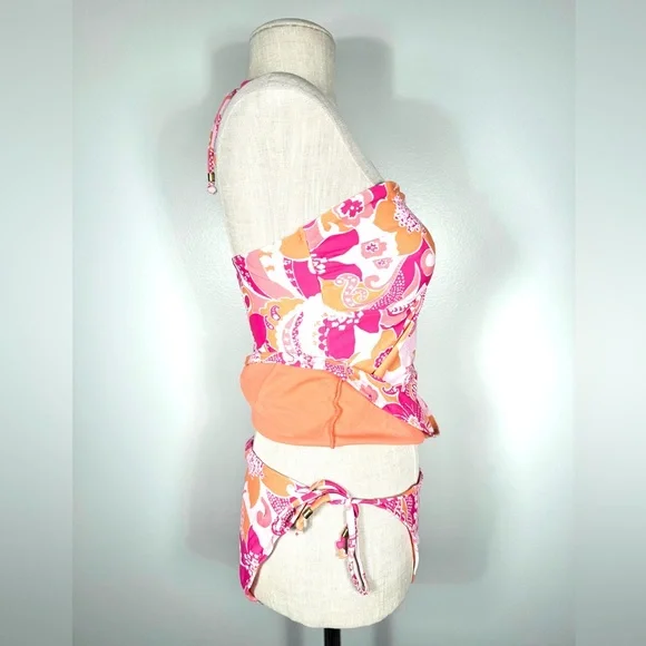 Old Navy Vintage Y2K Mod Pink and Orange Floral Halter Bandeau Tankini Set - Picture 6 of 10